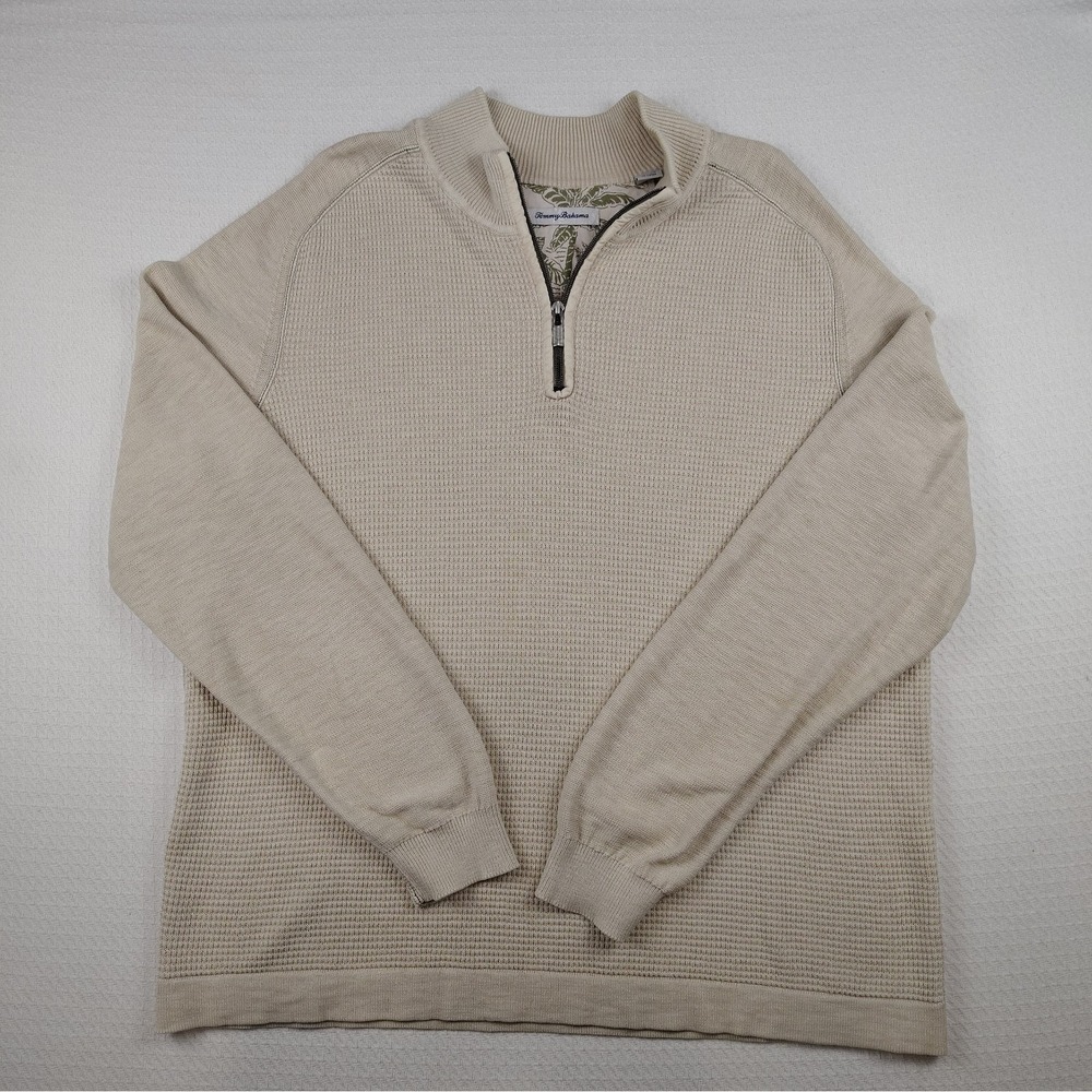 Tommy Bahama 1/4 Zip Sweater Mens XL Beige Waffle Knit 100% Cotton Pullover